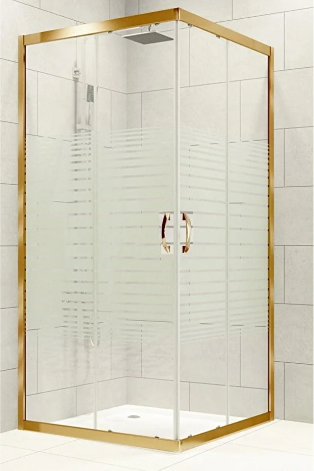 Altın Profil Kare 5 mm Çizgili Temperli Cam Duş Teknesiz Duşakabin 190 cm